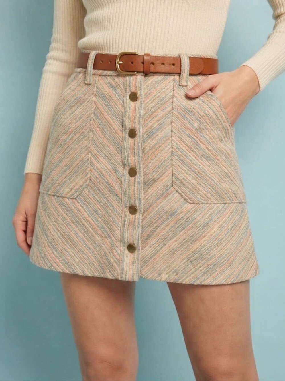 Anthropologie Pastel Striped Button-Front Mini Skirt